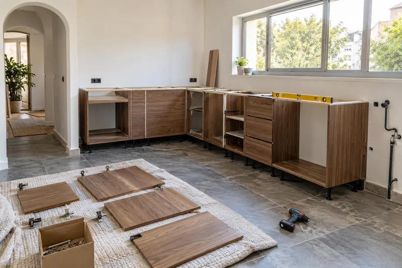 Visualización conceptual IA: Módulos de cocina en montaje con puertas pendientes de colocar.